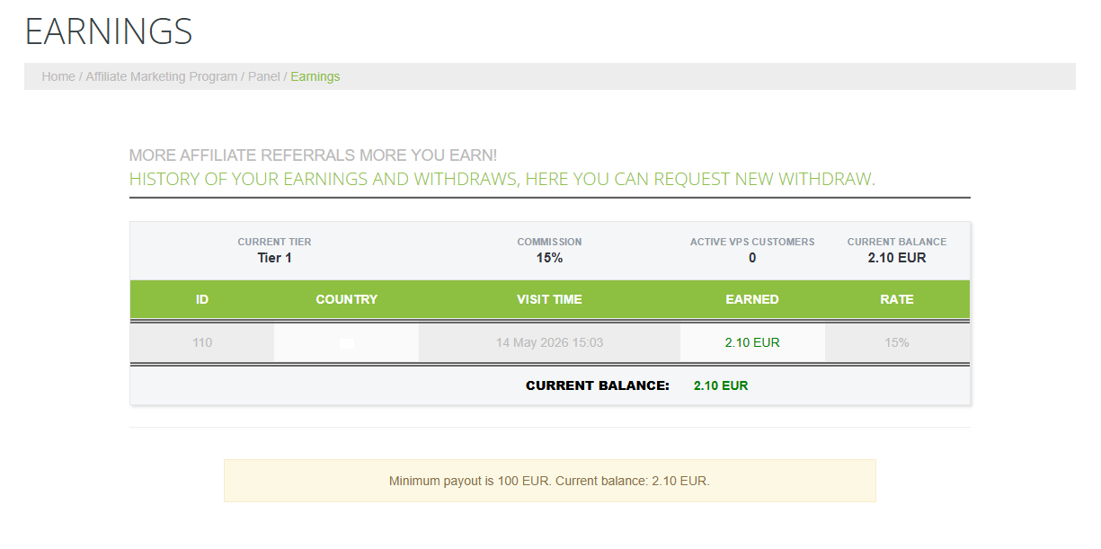 Affiliate earnings and payouts