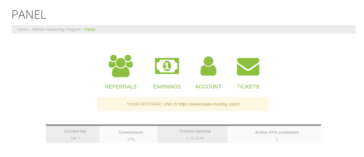 Affiliate panel dashboard